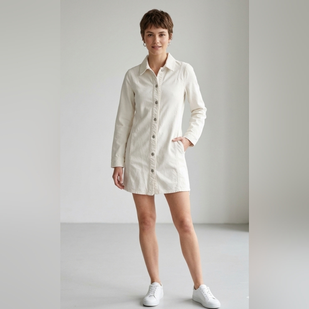 ZARA Ecru Denim Parka Mini Shirt Dress Snap Front Utility XS